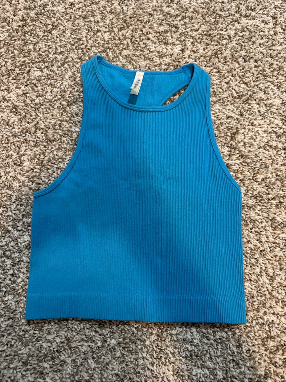 Blue Ribbed High-Neck Crop Tank Top